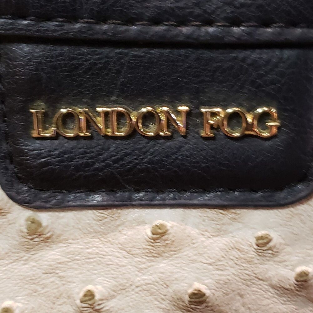London Fog Faux Ostrich Skin Purse Handbag Black/Beige Lock Key Design 5 Pockets - Picture 3 of 10